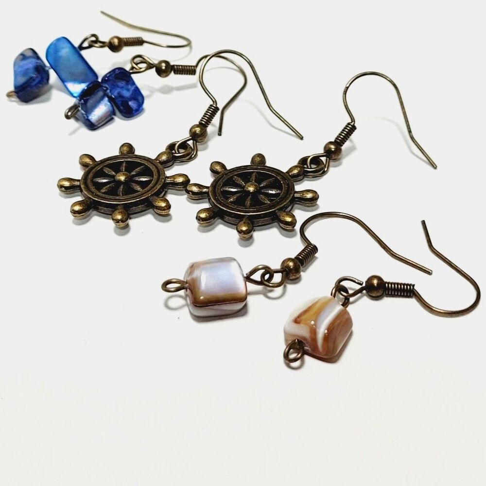 artisan earrings 213#mfs MOP shell earrings Nautical ship wheel earrings Blue or